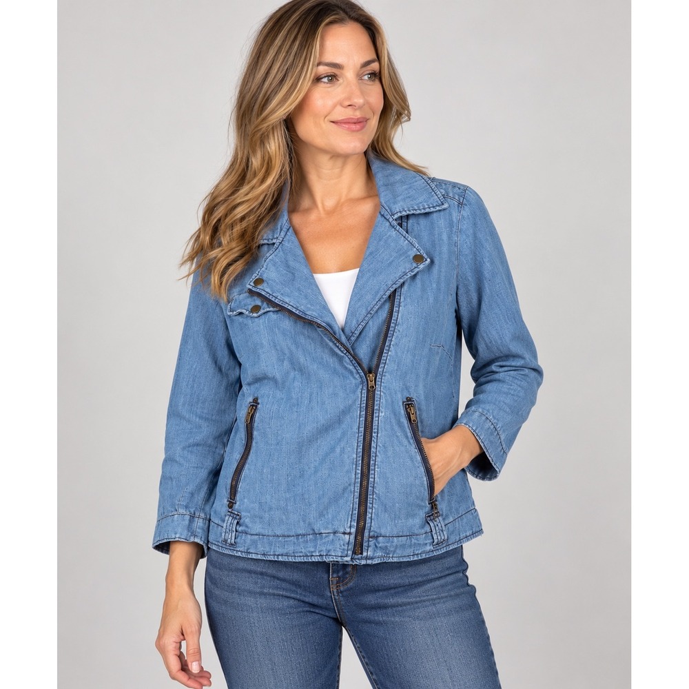 American Eagle Outfitters Womens Blue Cotton Chambray Moto Jacket Size Medium